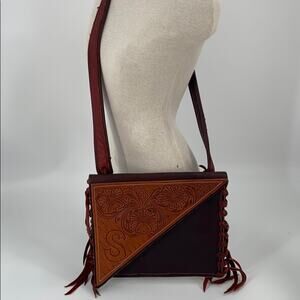 Artisan handcrafted tooled leather S fringe bag